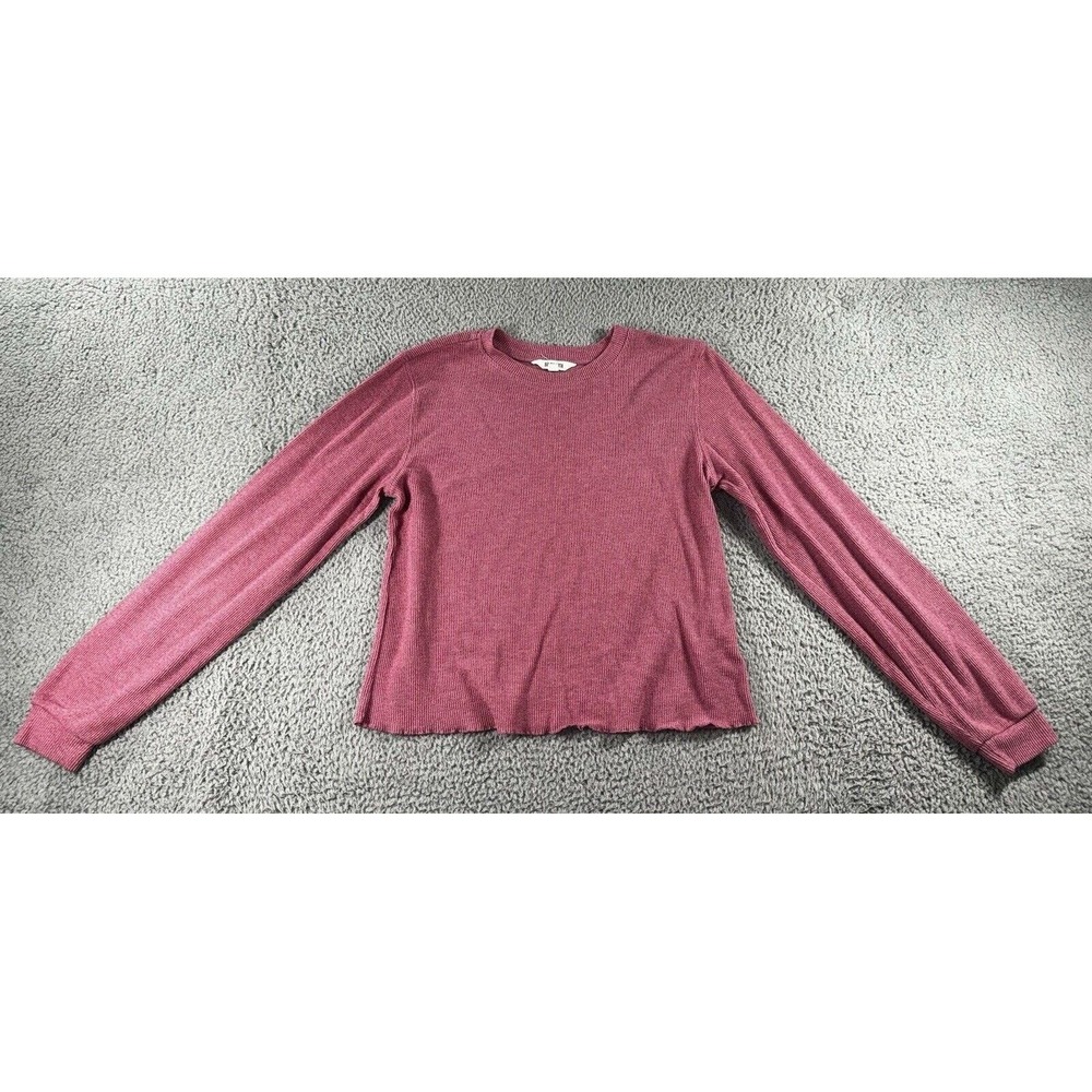 Mauve Waffle Knit Top Women M Lettuce Hem L/S Layering Minimalist Basic Feminine